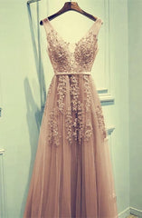 Lace Corset Prom Dresses, Champagne Tulle Corset Bridesmaid Dresses, Appliques Gowns, Evening Dress Prom