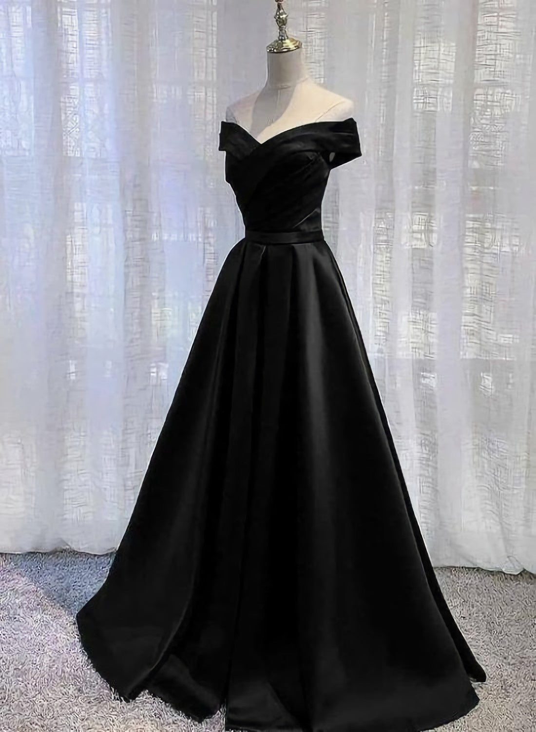 Pretty Off Shoulder Black Satin A Line Party Dress, Corset Formal Dress, Long Black Corset Prom Dress outfits, Homecoming Dresses Business Casual Outfits
