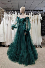 Pretty Green Lace Corset Prom Dresses, Puff Long Sleeves Off The Shoulder Lace Appliques Tulle Corset Ball Gown outfits, Prom Dresses 2019