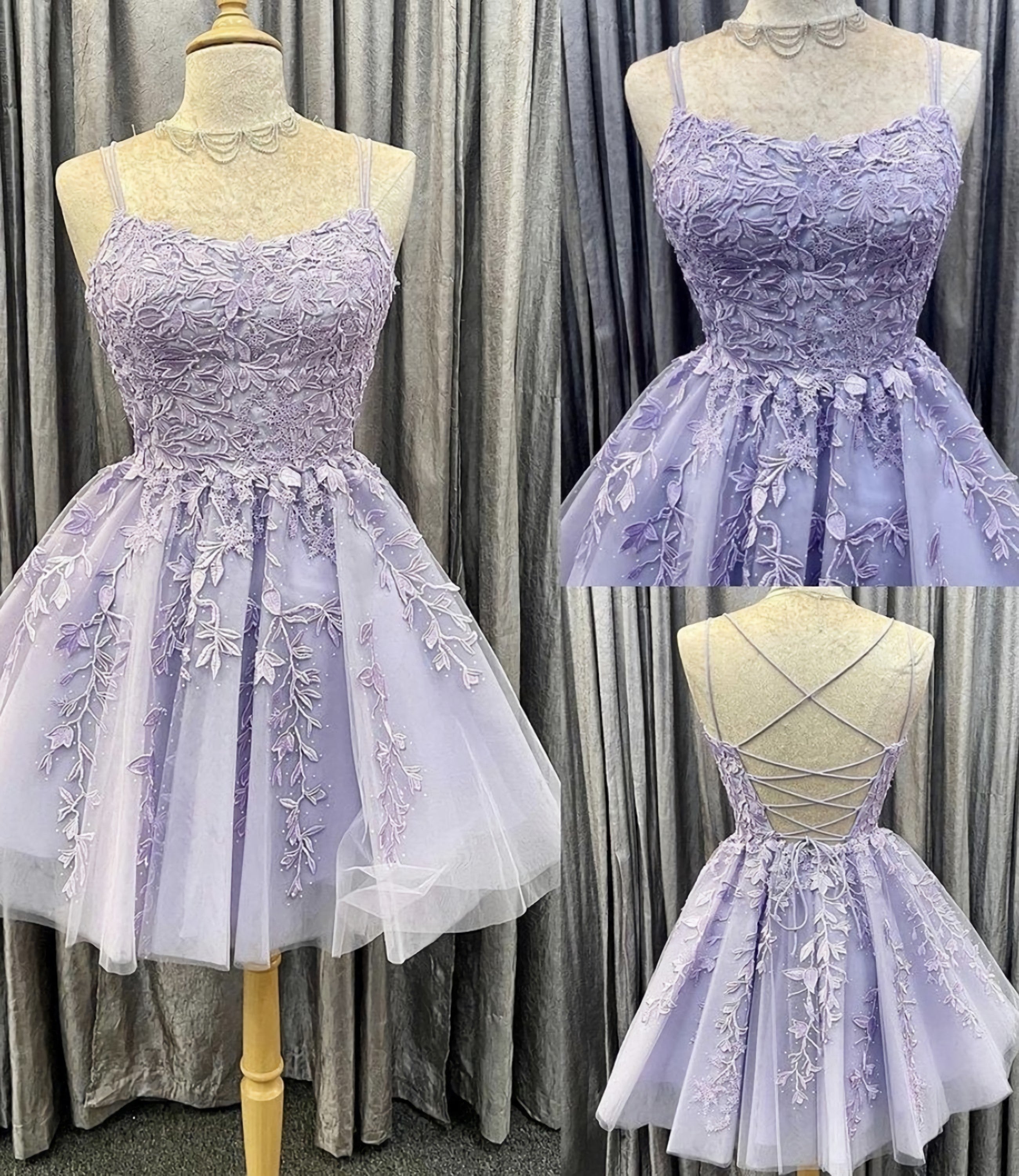 Purple Tulle Lace Short A Line Corset Homecoming Dress, Evening Dress outfit, Prom Dresses Chiffon