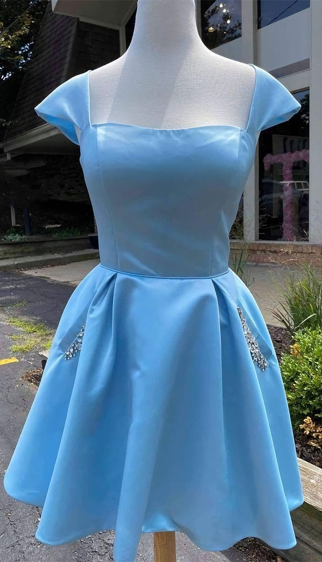 Cap Sleeves Light Blue Satin Short Corset Homecoming Dress, With Beaded Bodice outfit, Prom Dresses Sweetheart