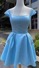 Cap Sleeves Light Blue Satin Short Corset Homecoming Dress, With Beaded Bodice outfit, Prom Dresses Sweetheart