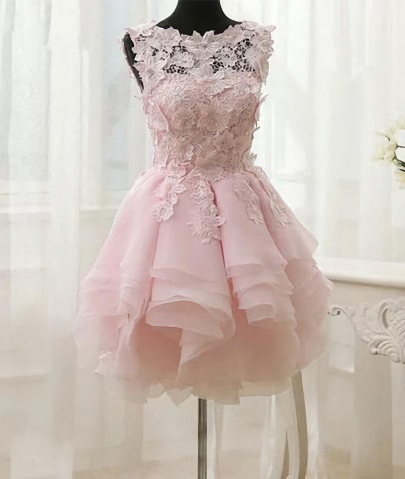 Pink Appliques Organza Tiered Short Corset Homecoming Dress, Simple Corset Homecoming Dresses outfit, Prom Dress Affordable