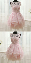 Pink Appliques Organza Tiered Short Corset Homecoming Dress, Simple Corset Homecoming Dresses outfit, Prom Dresses Prom Dresses