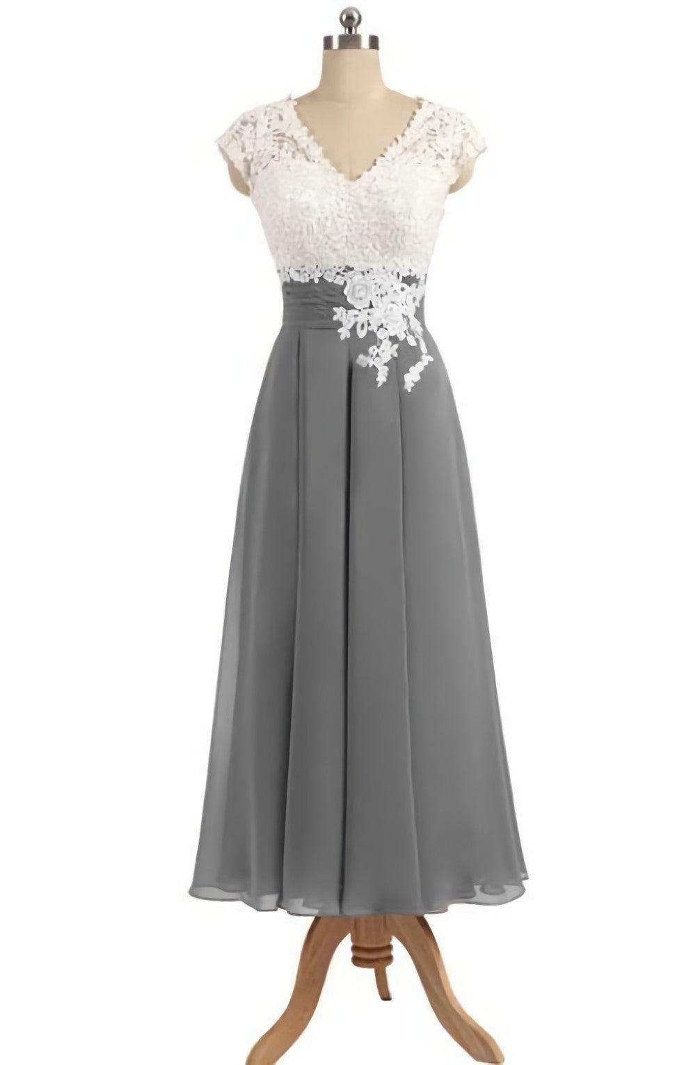 Ankle Length V Neck Cap Sleeves Silver Gray Mother Of The Bride Dresses, Corset Prom Dress, With Appliques Gowns, Prom Dress Sale