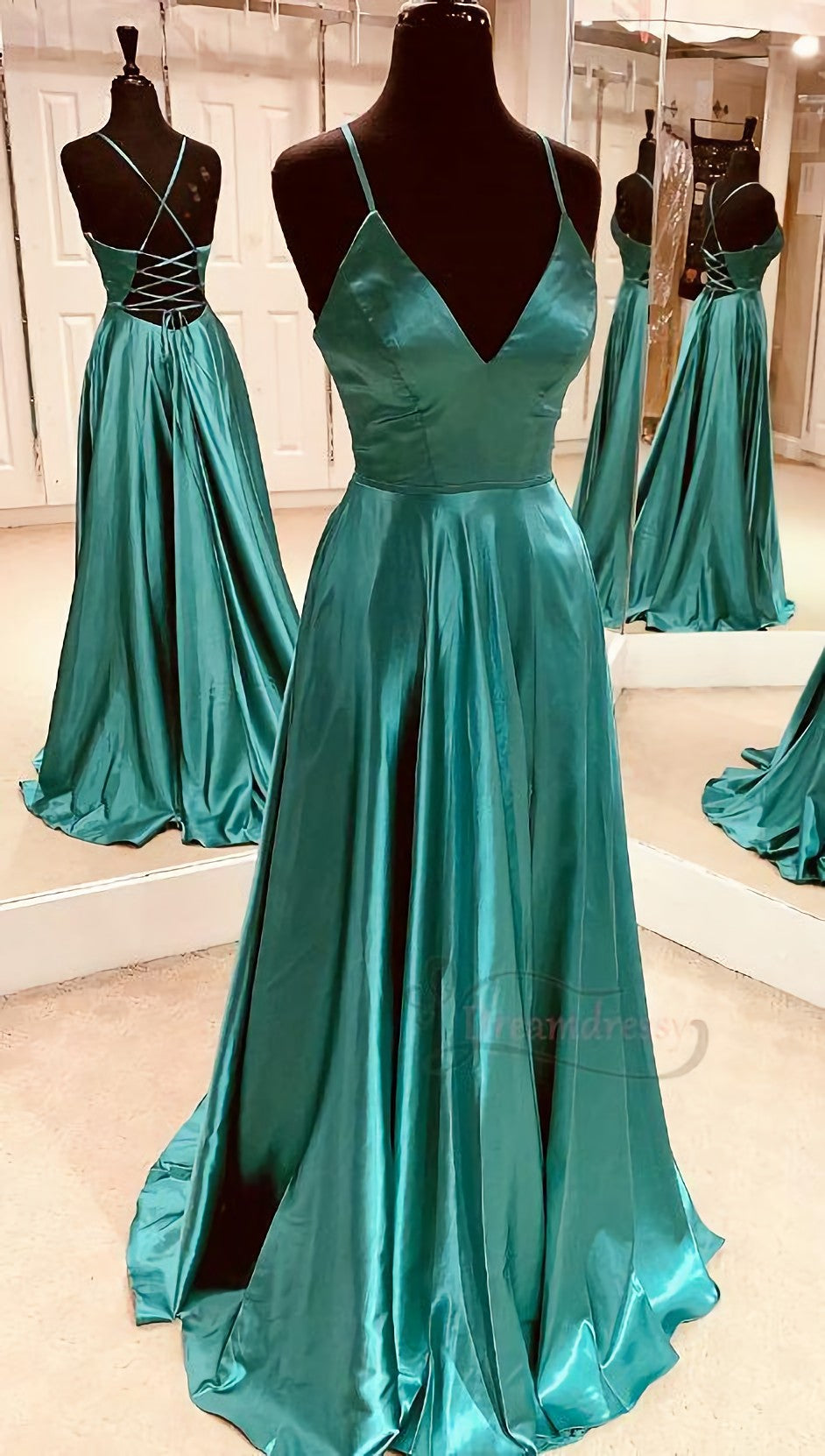Simple A Line V Neck Teal Long Corset Prom Dress, With Lace Up Back Gowns, Homecomming Dress Vintage