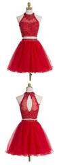 Two Piece Scoop Short Red Organza Beaded Corset Homecoming Dress, With Appliques Sequins Gowns, Prom Dress Tulle