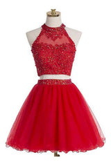 Two Piece Scoop Short Red Organza Beaded Corset Homecoming Dress, With Appliques Sequins Gowns, Prom Dresses Navy