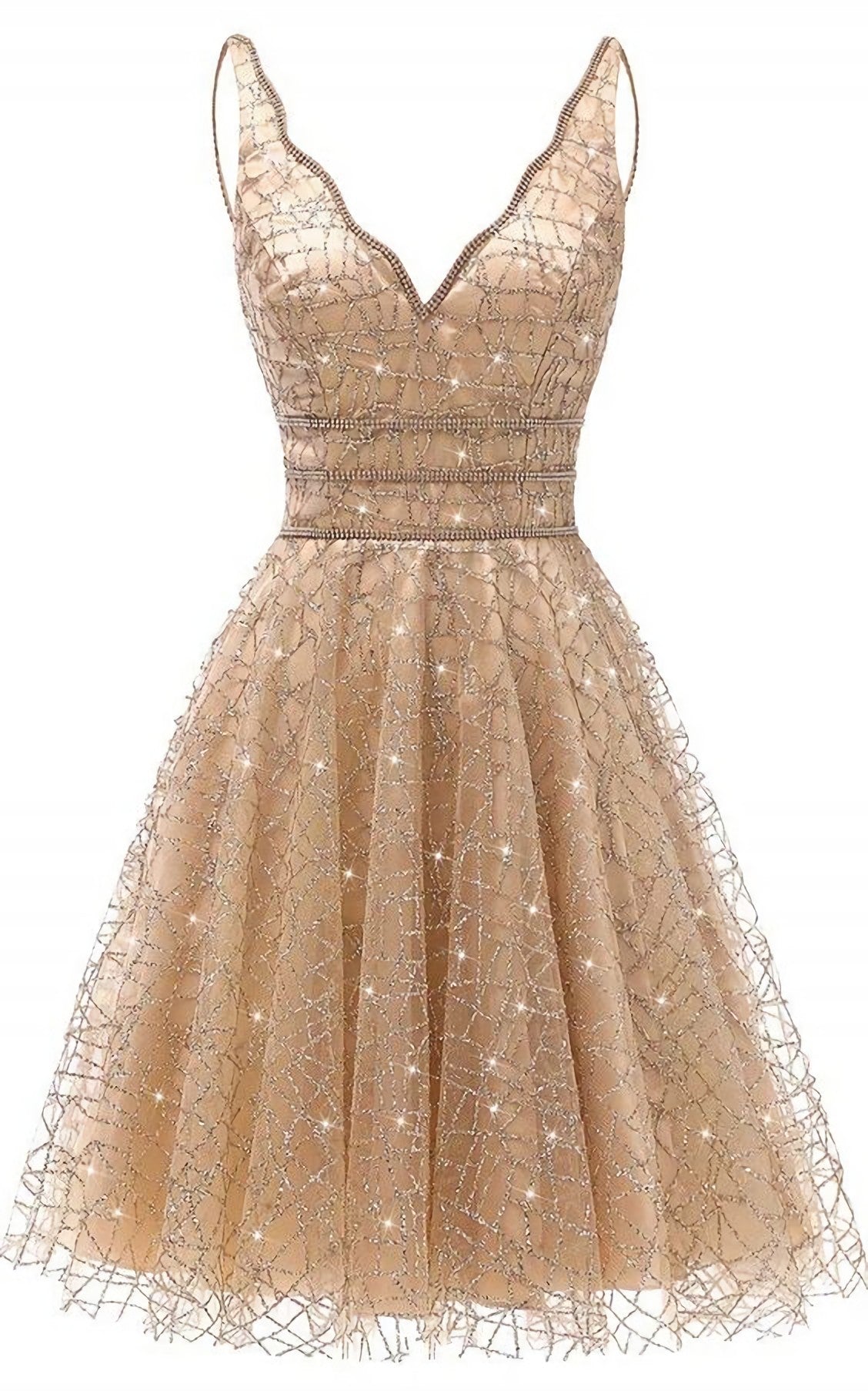 A Line V Neck Knee Length Gold Sequins Corset Homecoming Dress, With Beading outfit, Prom Dresses Princess Style