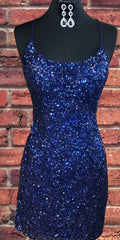 Sparkly Sequin Royal Blue Sheath Corset Homecoming Dress outfit, Homecoming Dresses Idea