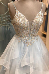 A Line Spaghetti Straps Light Sky Blue Short Corset Homecoming Dress, With Beading outfit, Prom Dresses 2027 Cheap