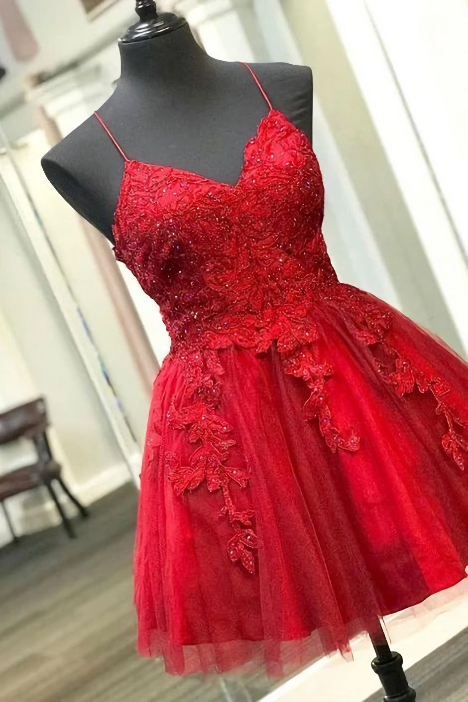 Straps Lace Appliqued Red Short Corset Homecoming Dress outfit, Prom Dresses Cute