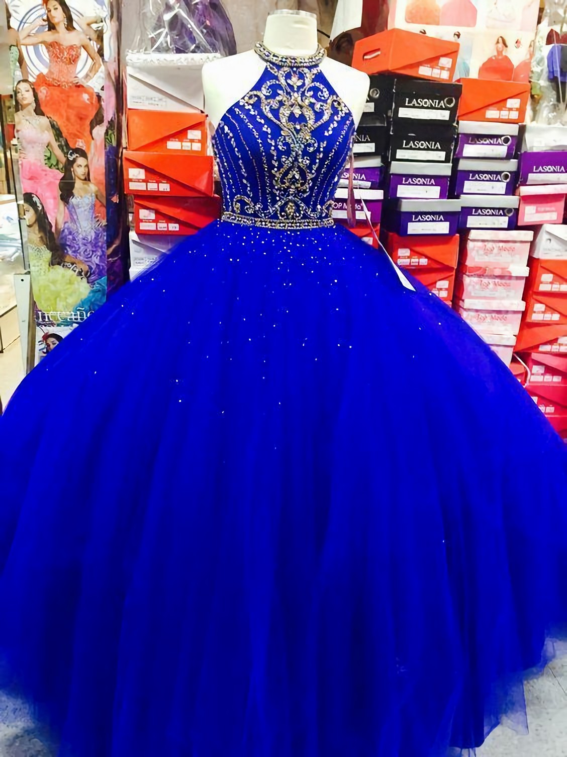 Royal Blue Halter Tulle Quinceanera Dresses, Elegant Corset Ball Gown Corset Prom Dresses, Sweet 16 Corset Prom Dress outfits, Prom Dress For Sale