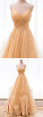 Custom Made Gold V Neck Tulle Long Corset Prom Dress, Evening Dress outfit, Homecoming Dress Stores