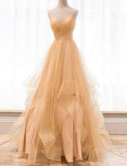 Custom Made Gold V Neck Tulle Long Corset Prom Dress, Evening Dress outfit, Homecoming Dress Website