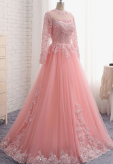Charming Long Sleeve Appliques Pink Tulle Corset Prom Dresses, Elegant Evening Corset Formal Dress outfit, Homecoming Dresses Blues