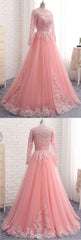 Charming Long Sleeve Appliques Pink Tulle Corset Prom Dresses, Elegant Evening Corset Formal Dress outfit, Homecomming Dresses Red