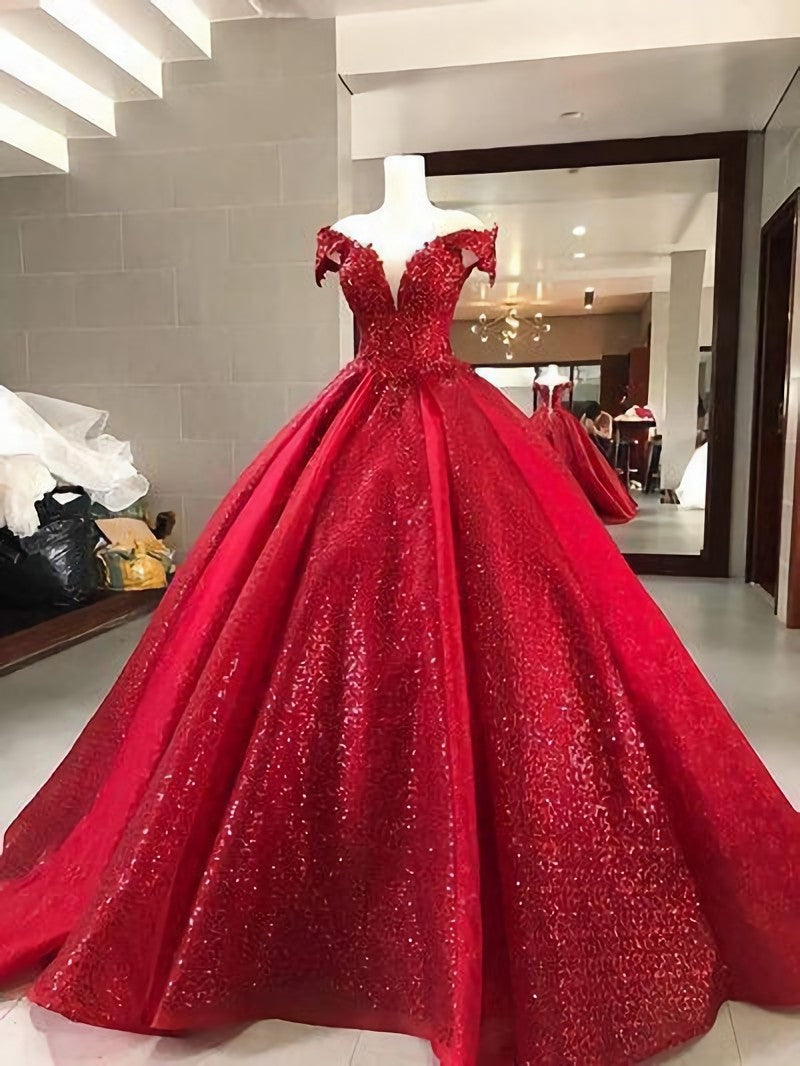 Elegant Red Corset Ball Gown Sparkly Sequin Quinceanera Corset Prom Dresses outfit, Evening Dresses