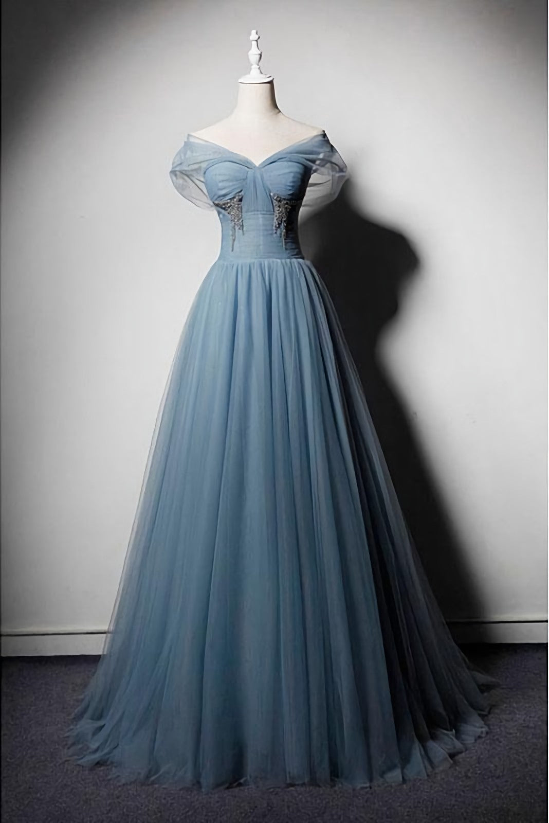 Blue Tulle V Neck Off Shoulder Long Senior Corset Prom Dress, Evening Dress outfit, Homecoming Dress Blue