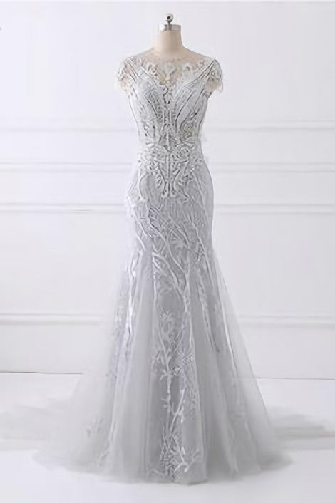 Spring Gray Tulle Long Mermaid Corset Prom Dress, Beaded Lace Evening Gown outfits, Homecoming Dress 2029