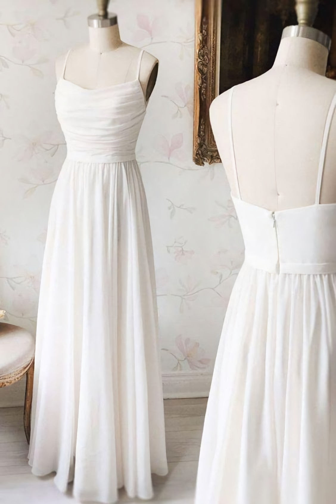 Simple White Chiffon V Neck Long Corset Prom Dress, White Evening Dress outfit, Homecomming Dresses Lace