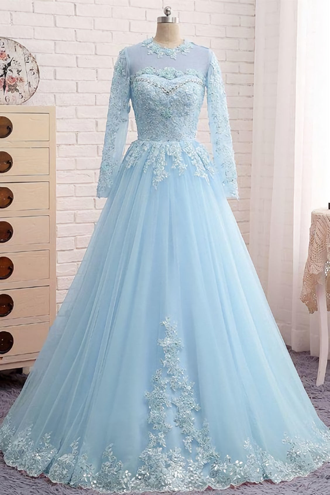 Blue Lace Tulle Long Sleeve Beaded Corset Formal Corset Prom Dress outfits, Evening Dress 1926