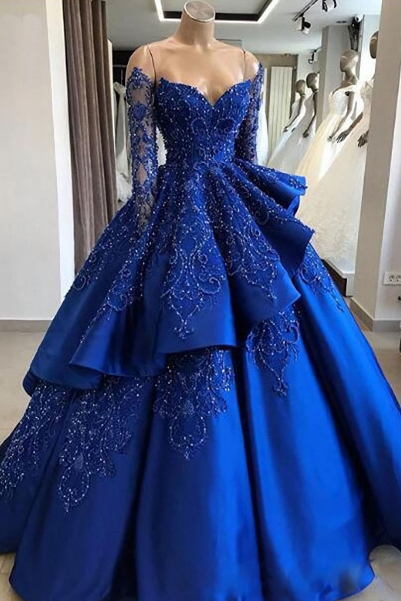 Unique Blue Lace Long Corset Prom Dress, Blue Long Evening Dress outfit, Homecoming Dress 2028