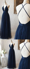 A Line V Neck Navy Blue Backless Corset Prom Dresses, Dark Navy Blue Backless Tulle Evening Corset Formal Dresses outfit, Prom Dress Shopping