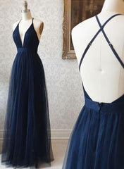 A Line V Neck Navy Blue Backless Corset Prom Dresses, Dark Navy Blue Backless Tulle Evening Corset Formal Dresses outfit, Prom Dress Inspiration