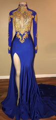 Gorgeous Royal Blue Corset Prom Dresses, Gold Appliques Side Slit Mermaid Evening Dresses_ Gowns, Homecomeing Dresses Red