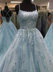 Beautiful A Line Spaghetti Straps Blue Long Corset Prom Evening Dresses, With Appliques Gowns, Homecoming Dresses Websites