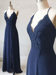 Spaghetti Straps Floor Length Navy Blue Lace Corset Prom Dresses, Navy Blue Lace Corset Formal Evening Corset Bridesmaid Dresses outfit, Prom Dress Elegant