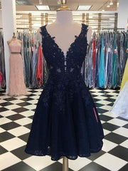 Dark Navy Lace Beading Sleeveless Illusion Corset Homecoming Dresses outfit, Prom Dress Piece