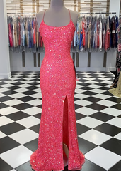 Spaghetti Straps Coral Pink Sequin Mermaid Corset Prom Dress, With Slit Gowns, Homecoming Dresses 2027