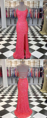 Spaghetti Straps Coral Pink Sequin Mermaid Corset Prom Dress, With Slit Gowns, Homecoming Dress Elegant