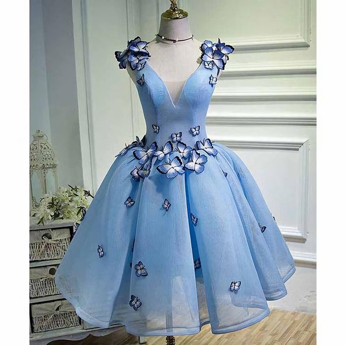 Sky Blue Butterfly Short Corset Homecoming Dress, Party Dresses outfit, Prom Dress Long Elegent