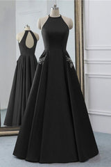 Simple Black Satin Open Back Long O Neck Corset Prom Dress, Evening Dress outfit, Homecomming Dresses Blue
