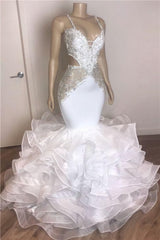 Spaghetti Straps Mermaid Ruffles White Corset Prom Dresses outfit, Evening Dress Long