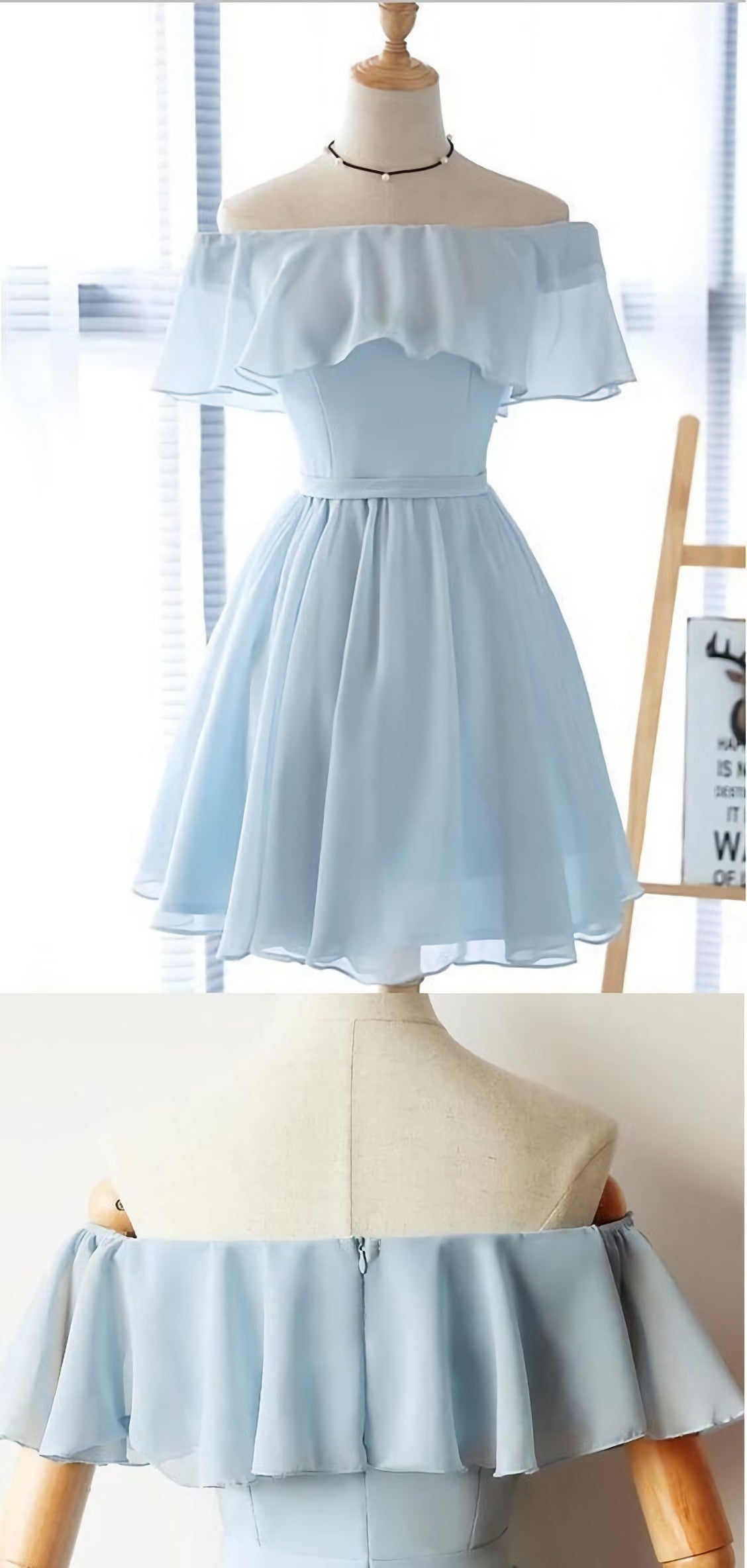 Simple Off The Shoulder Light Blue Chiffon A Line Short Corset Homecoming Dress outfit, Prom Dress Sweetheart