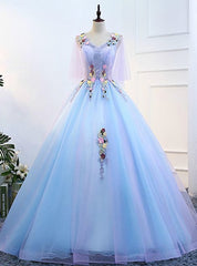 Blue V Neck Tulle Floor Length Quinceanera Dresses, Corset Prom Dress, Evening Dress outfit, Homecomeing Dresses Blue