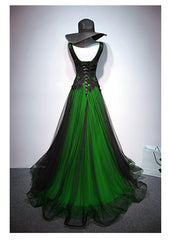 Chaming Black and Green Tulle V-neckline Long Party Dress, V-neckline Corset Prom Dresses outfit, Prom Dress Website