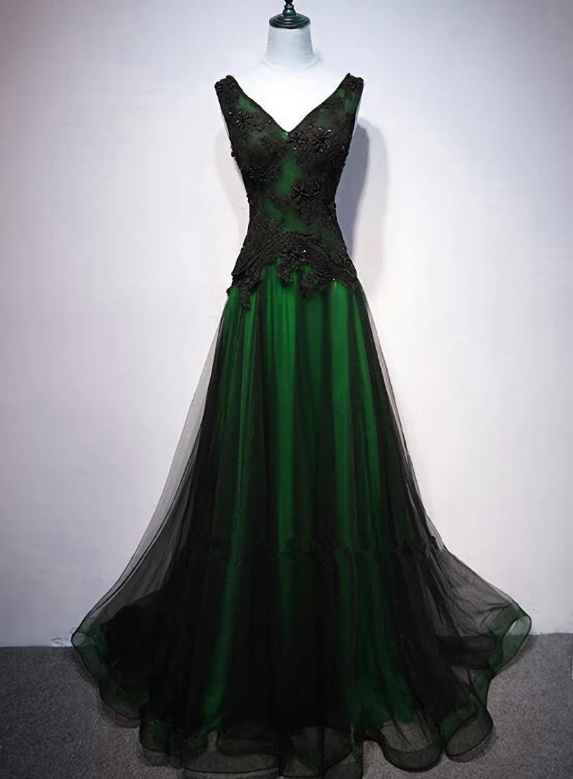 Chaming Black and Green Tulle V-neckline Long Party Dress, V-neckline Corset Prom Dresses outfit, Prom Dress Designs