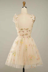 Champagne A-line Bow Tie Straps Pleated Applique Mini Corset Homecoming Dress outfit, Boho Dress