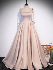 Champagne A-Line Satin Long Corset Prom Dress, Champagne Corset Formal Evening Dress outfit, Prom Dress Corset Ball Gown