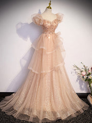 Champagne A-Line Tulle Beading Long Corset Prom Dress, Champagne Corset Formal Dresses outfit, Prom Dresses Long Elegant