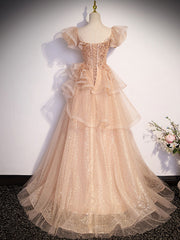 Champagne A-Line Tulle Beading Long Corset Prom Dress, Champagne Corset Formal Dresses outfit, Prom Dress Long Elegent