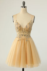 Champagne Beaded A-line Short Tulle Corset Homecoming Dress outfit, Bridesmaids Dress Fall