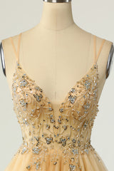 Champagne Beaded A-line Short Tulle Corset Homecoming Dress outfit, Bridesmaid Dresses Chiffon