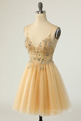 Champagne Beaded A-line Short Tulle Corset Homecoming Dress outfit, Bridesmaids Dresses Summer