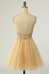 Champagne Beaded A-line Short Tulle Corset Homecoming Dress outfit, Bridesmaid Dress Summer